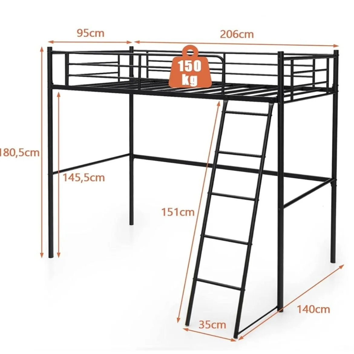 Hochbett aus Metall Hochbelastbares Etagenbett mit integrierter Leiter 206 x 95 x 180,5 cm Schwarz