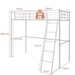 Hochbett aus Metall Platzsparender Bettrahmen mit Stahllatten 206 x 95 x 180,5 cm Weiß