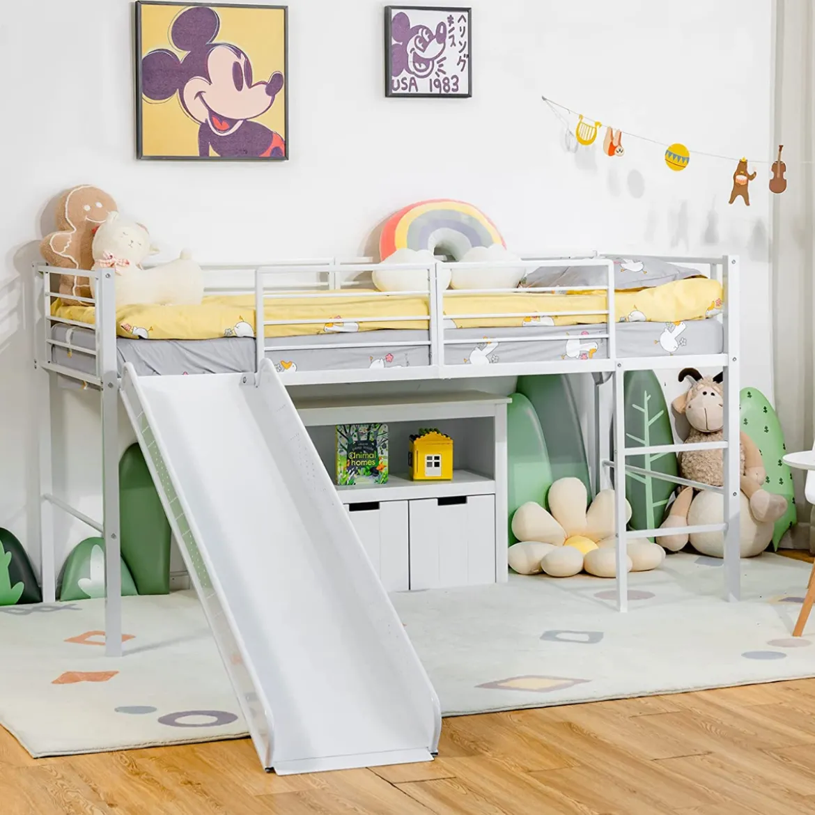 Hochbett Kinderbett-Rahmen mit mit Lattenrost & Rausfallschutz 198 x 96 x 109 cm Weiß