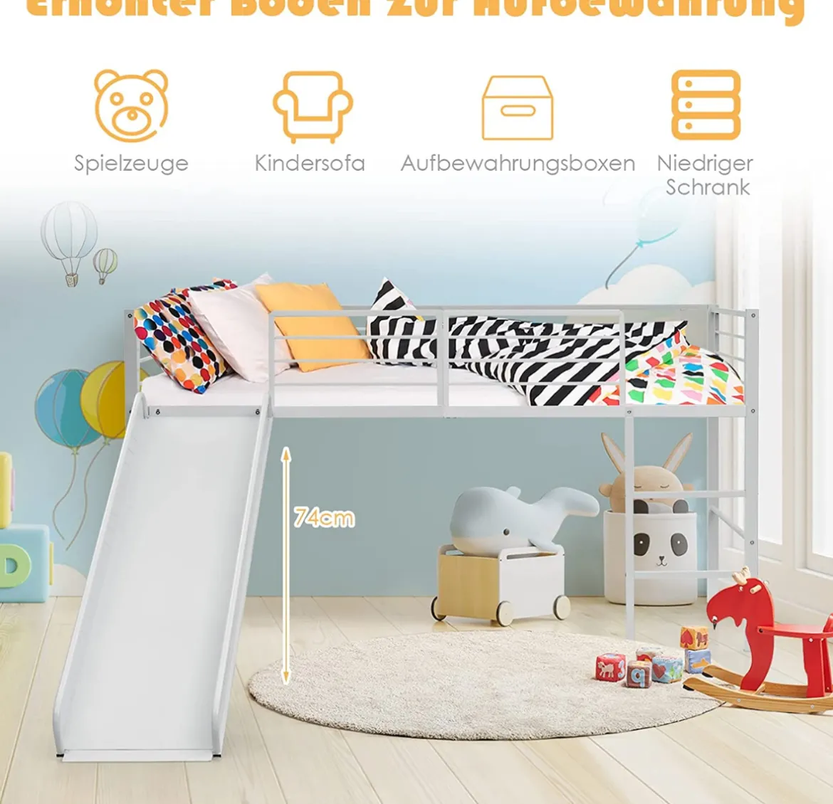 Hochbett Kinderbett-Rahmen mit mit Lattenrost & Rausfallschutz 198 x 96 x 109 cm Weiß