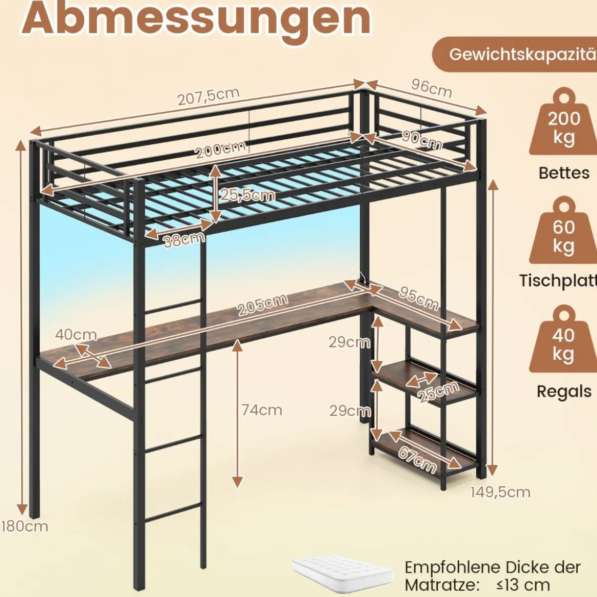 Hochbett mit Schreibtisch & LED-Beleuchtung & Ladestation & Stauraum Etagenbett