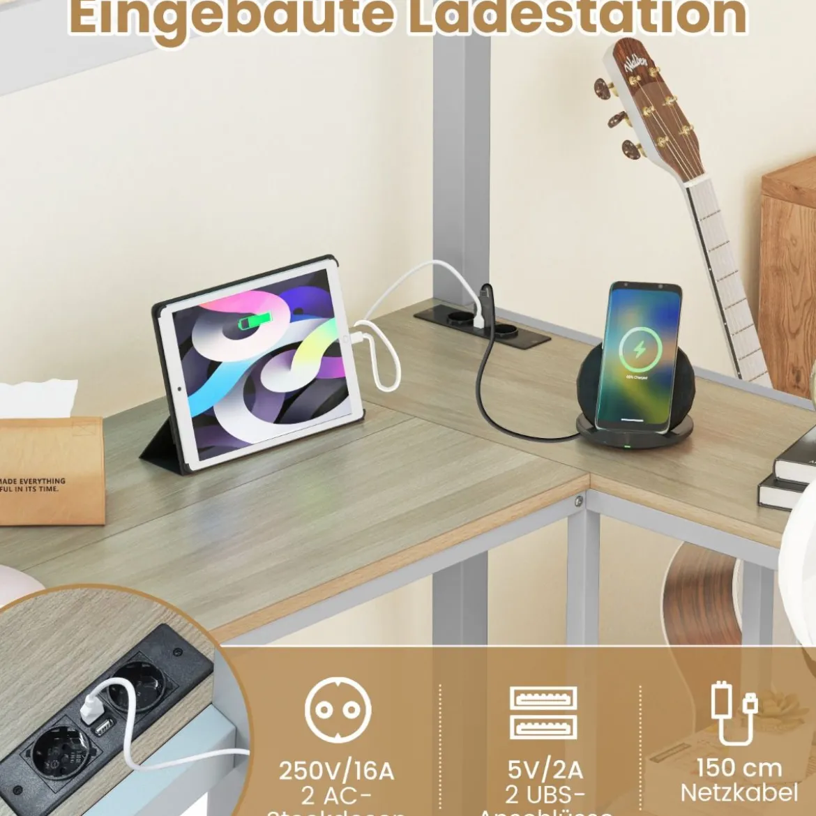 Hochbett mit Schreibtisch & LED-Beleuchtung & Ladestation & Stauraum Etagenbett