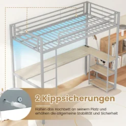 Hochbett mit Schreibtisch & LED-Beleuchtung & Ladestation & Stauraum Etagenbett