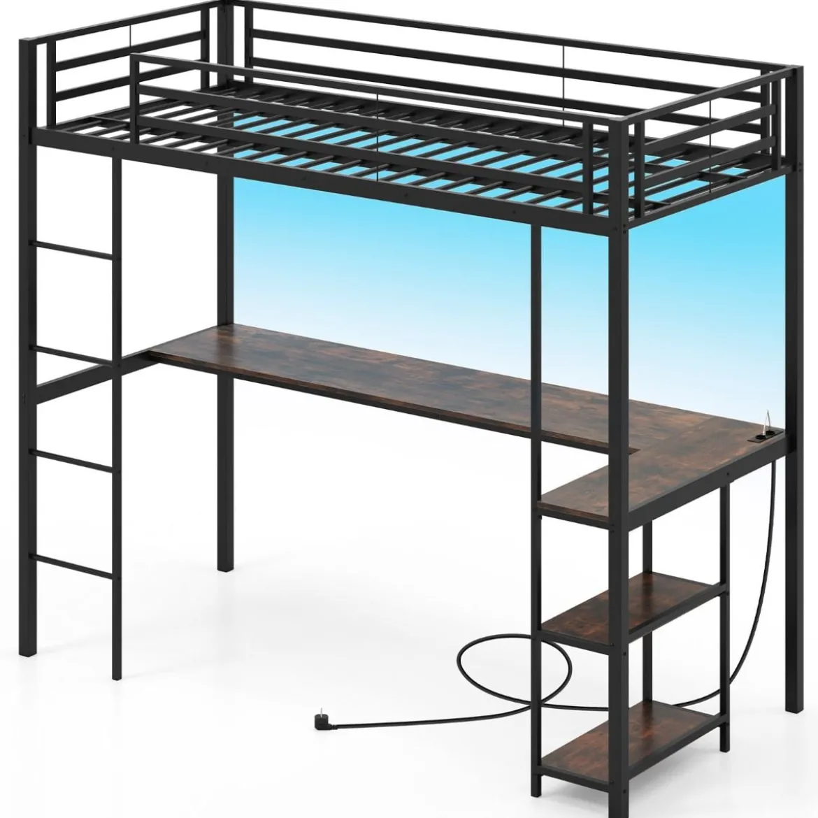 Hochbett mit Schreibtisch & LED-Beleuchtung & Ladestation & Stauraum Etagenbett