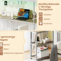 Hochbett mit Schreibtisch & LED-Beleuchtung & Ladestation & Stauraum Etagenbett