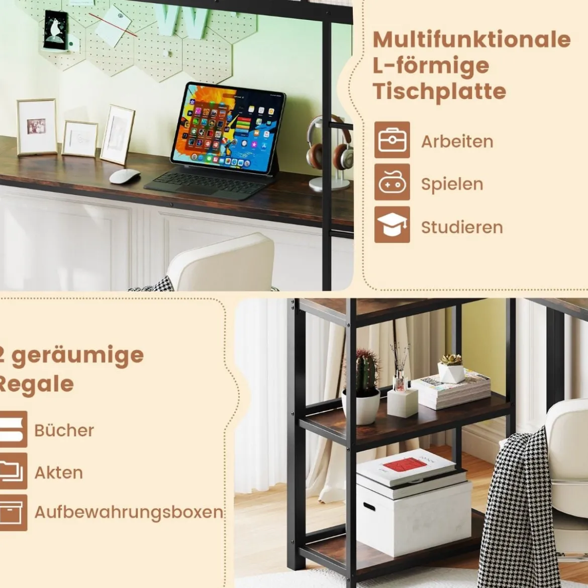 Hochbett mit Schreibtisch & LED-Beleuchtung & Ladestation & Stauraum Etagenbett