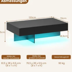 Hochglanz Couchtisch mit 16-Farbiger LED Beleuchtung & 3 Schubladen Rechteckiger Kaffeetisch Schwarz
