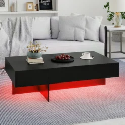 Hochglanz Couchtisch mit 16-Farbiger LED Beleuchtung & 3 Schubladen Rechteckiger Kaffeetisch Schwarz