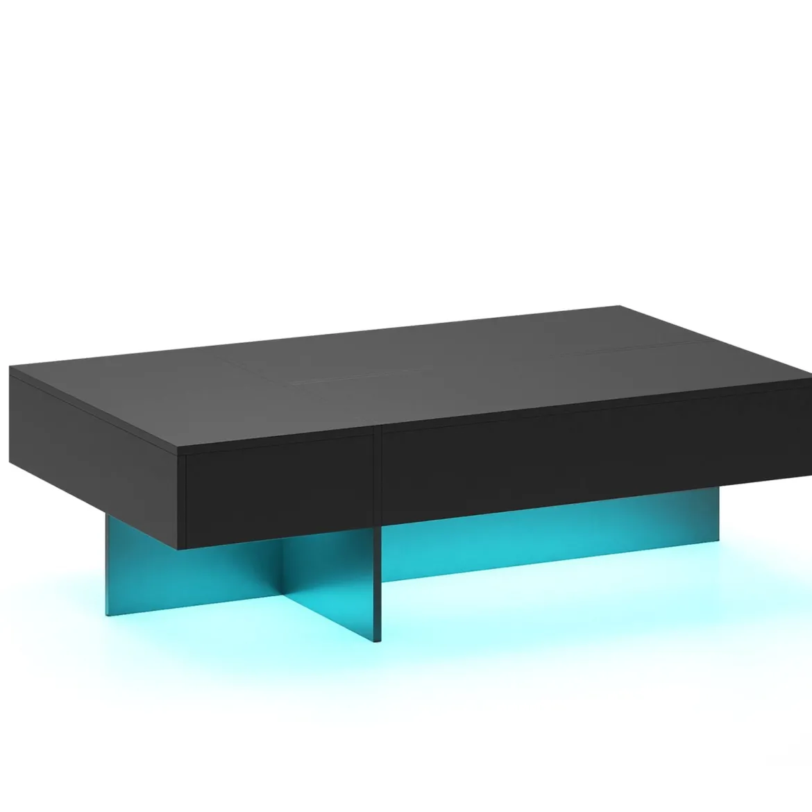 Hochglanz Couchtisch mit 16-Farbiger LED Beleuchtung & 3 Schubladen Rechteckiger Kaffeetisch Schwarz