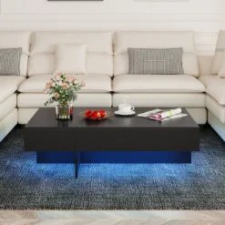 Hochglanz Couchtisch mit 16-Farbiger LED Beleuchtung & 3 Schubladen Rechteckiger Kaffeetisch Schwarz