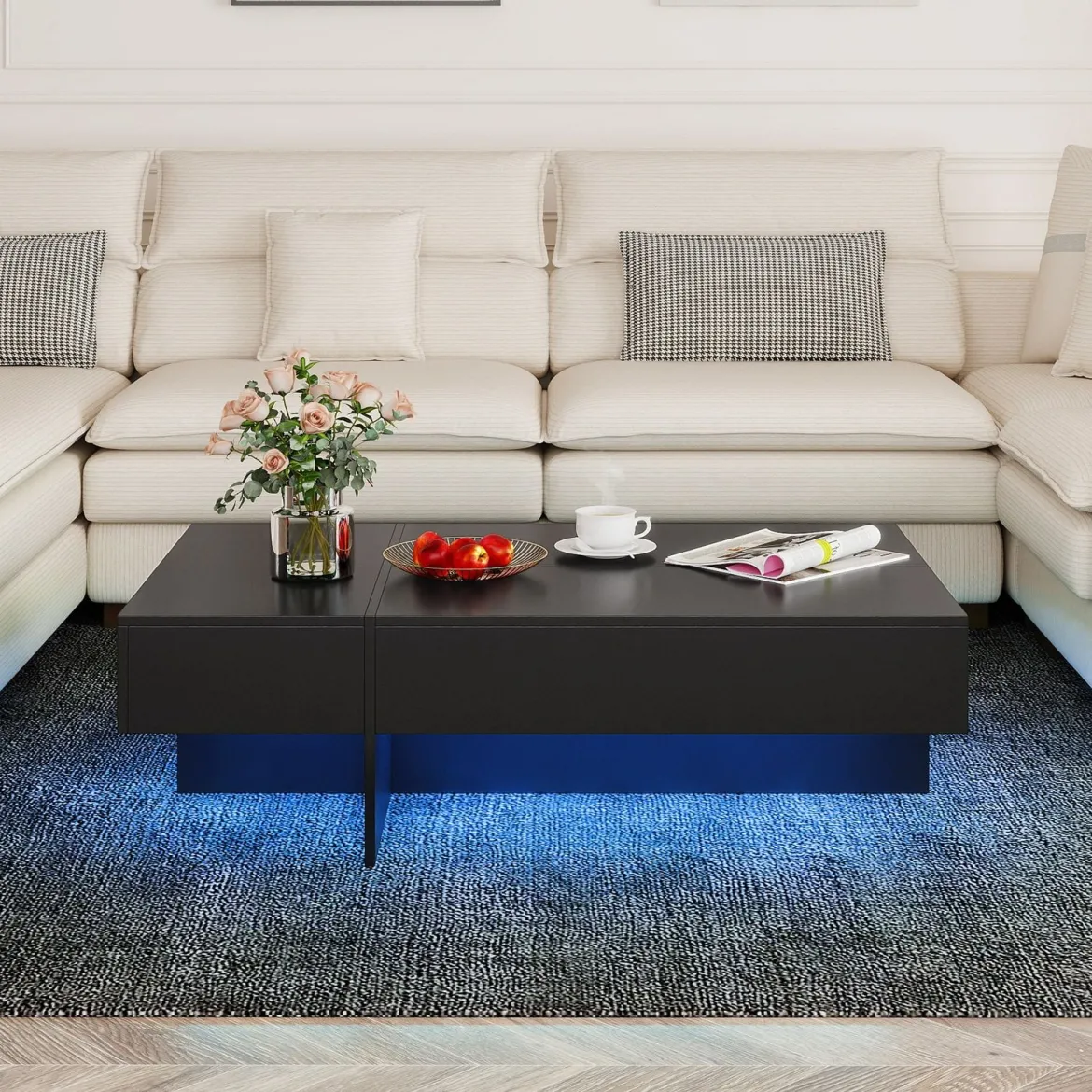 Hochglanz Couchtisch mit 16-Farbiger LED Beleuchtung & 3 Schubladen Rechteckiger Kaffeetisch Schwarz