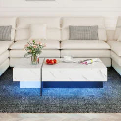 Hochglanz Couchtisch mit 16-Farbiger LED Beleuchtung & 3 Schubladen Rechteckiger Kaffeetisch Weiß