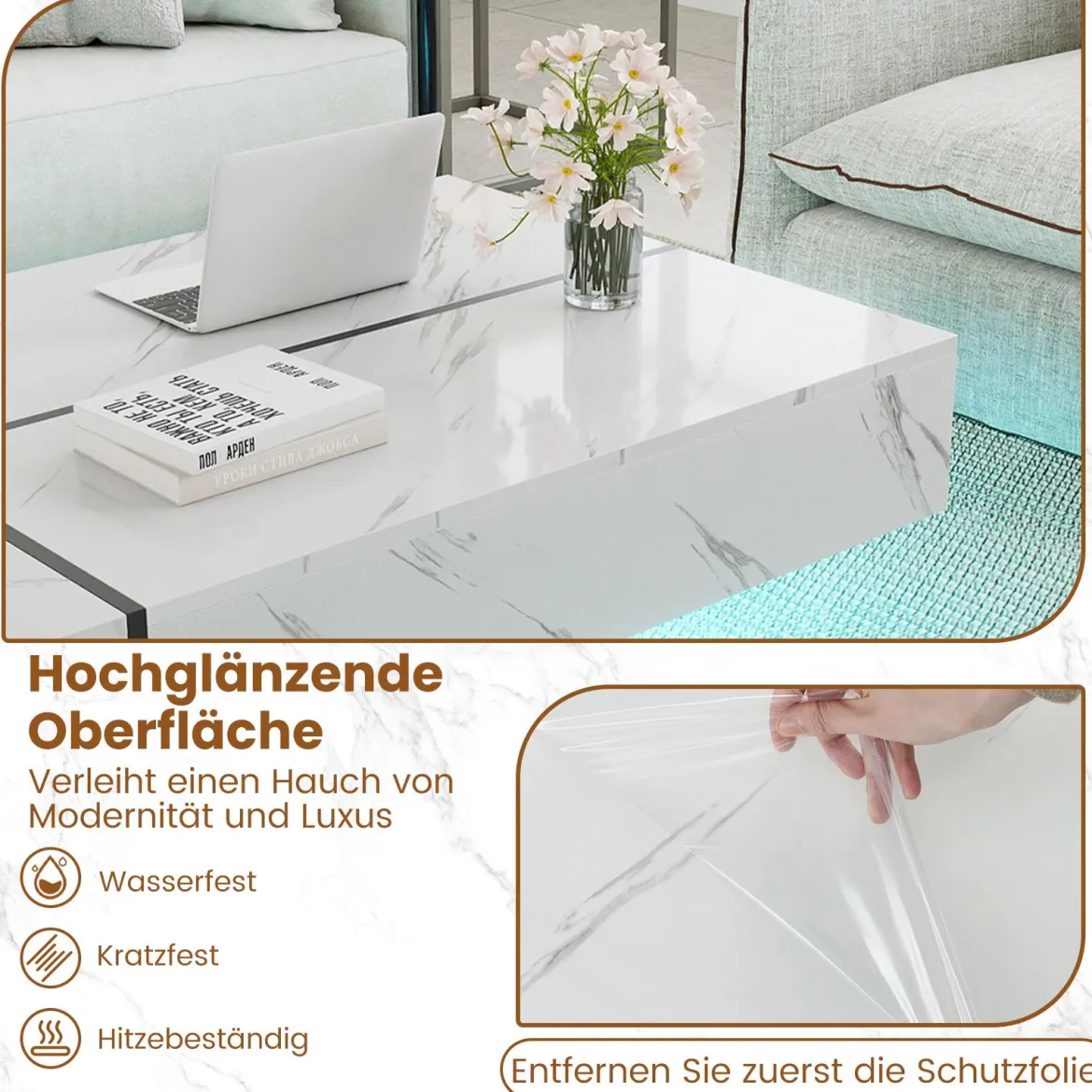 Hochglanz Couchtisch mit 16-Farbiger LED Beleuchtung & 3 Schubladen Rechteckiger Kaffeetisch Weiß