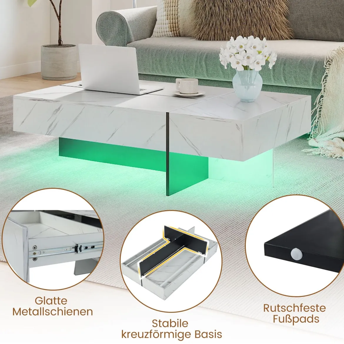 Hochglanz Couchtisch mit 16-Farbiger LED Beleuchtung & 3 Schubladen Rechteckiger Kaffeetisch Weiß