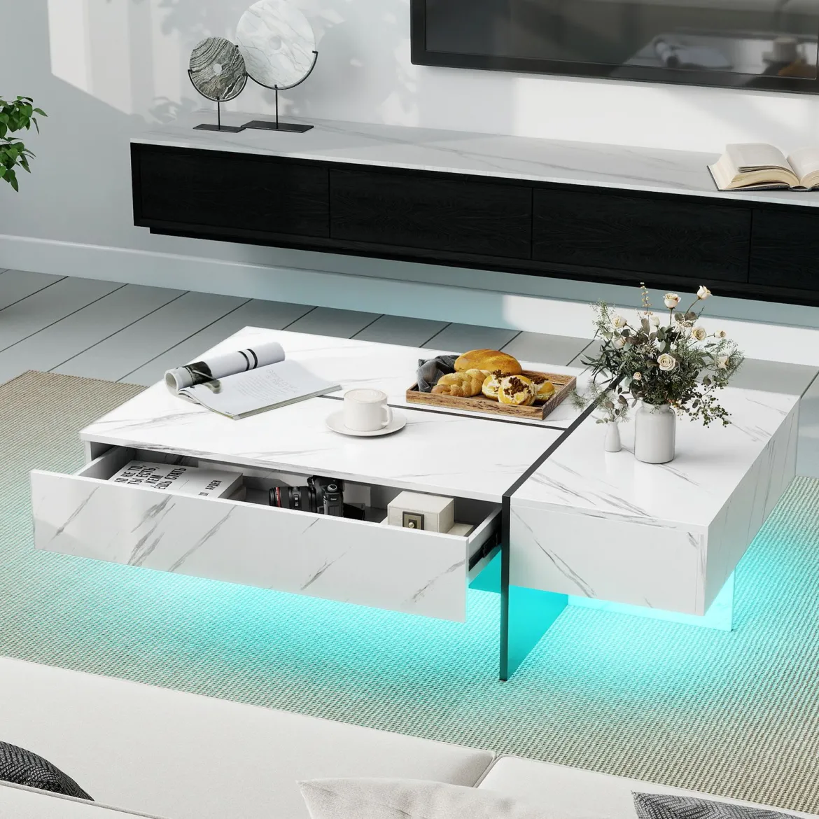 Hochglanz Couchtisch mit 16-Farbiger LED Beleuchtung & 3 Schubladen Rechteckiger Kaffeetisch Weiß