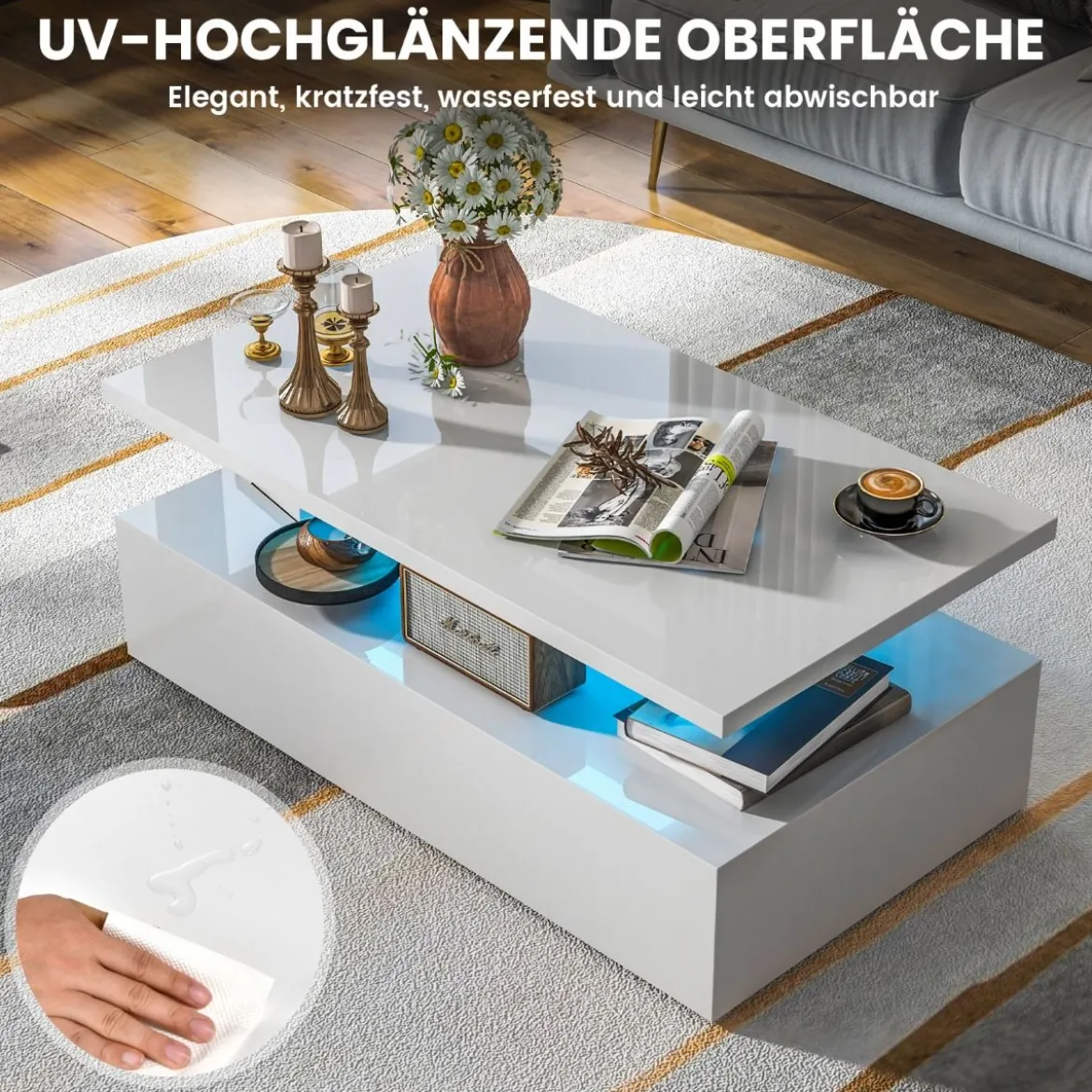 Hochglanz LED-Couchtisch mit Einstellbaren Lichtfarben & Helligkeit Wohnzimmertisch