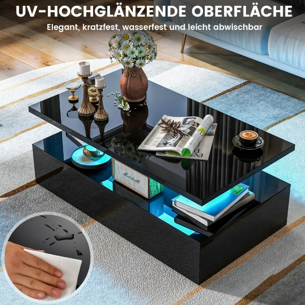 Hochglanz LED-Couchtisch mit Einstellbaren Lichtfarben & Helligkeit Wohnzimmertisch