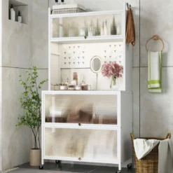 Hoch Küchenschrank mit Rollen & Klapptüren & Stecktafel & Haken Buffetschrank Weiß