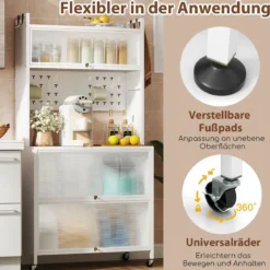 Hoch Küchenschrank mit Rollen & Klapptüren & Stecktafel & Haken Buffetschrank Weiß