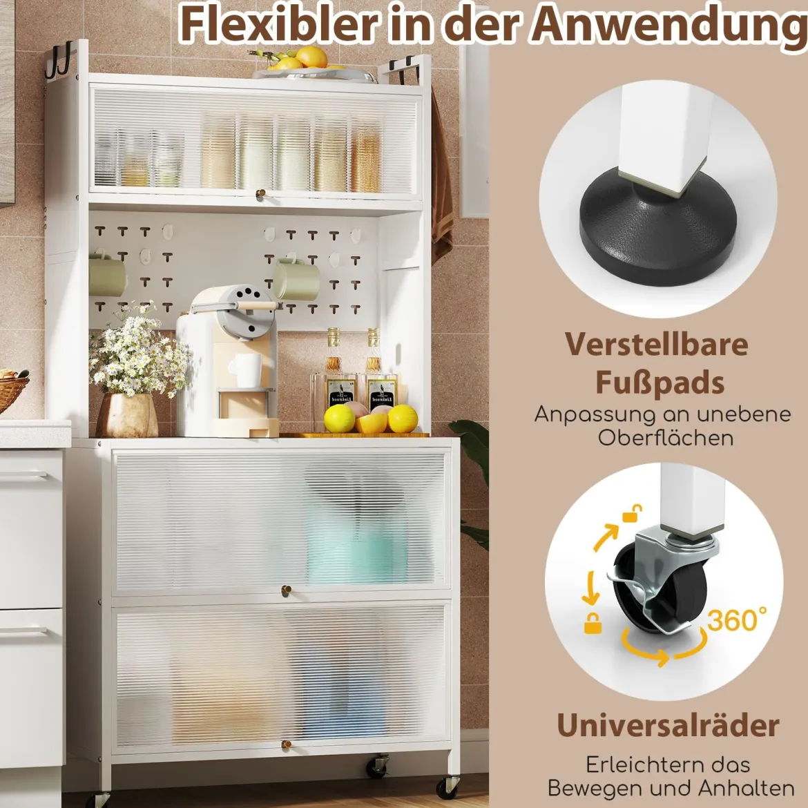 Hoch Küchenschrank mit Rollen & Klapptüren & Stecktafel & Haken Buffetschrank Weiß