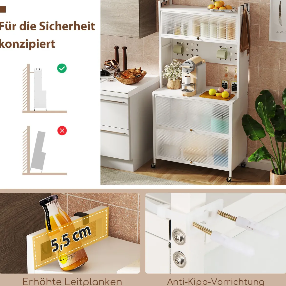 Hoch Küchenschrank mit Rollen & Klapptüren & Stecktafel & Haken Buffetschrank Weiß