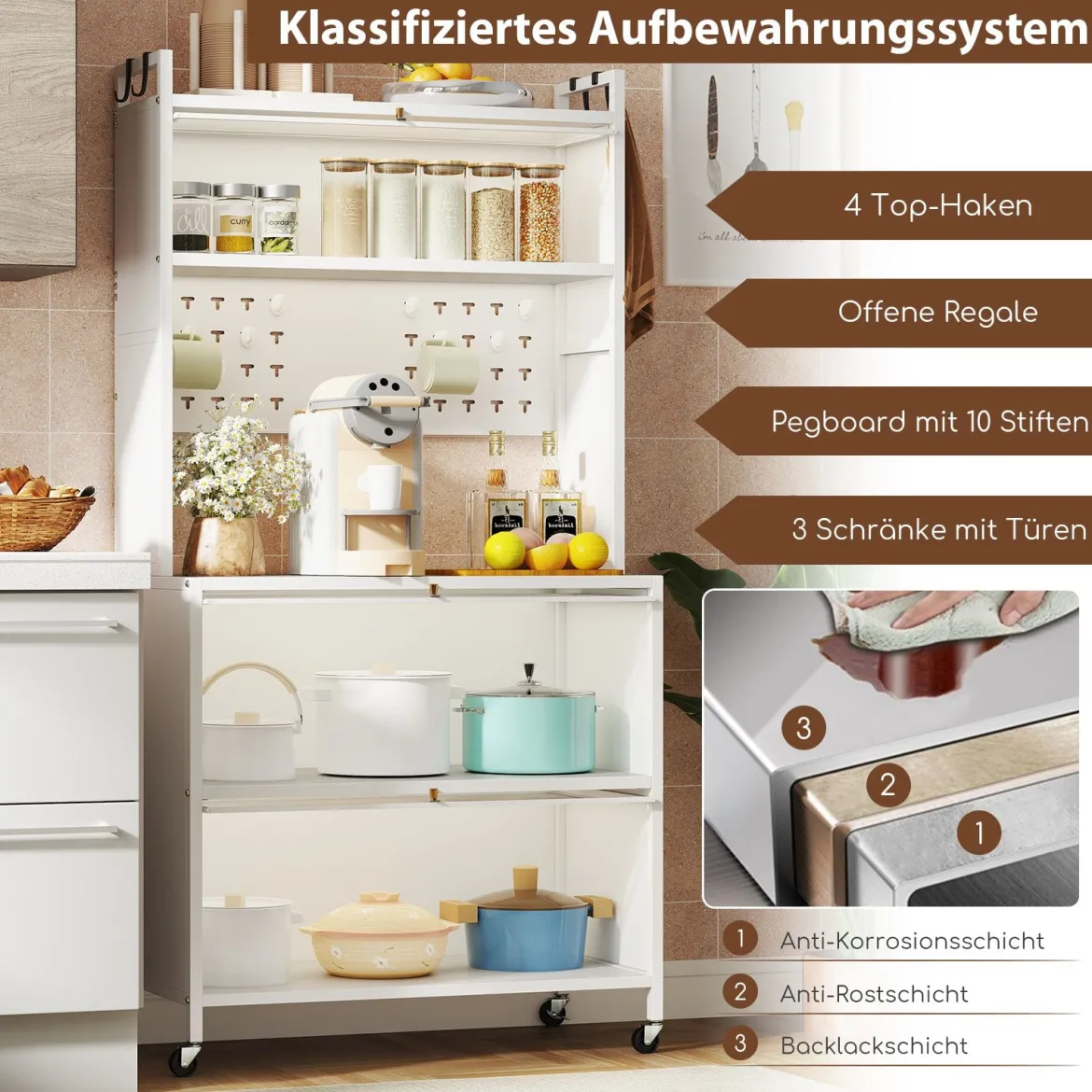 Hoch Küchenschrank mit Rollen & Klapptüren & Stecktafel & Haken Buffetschrank Weiß