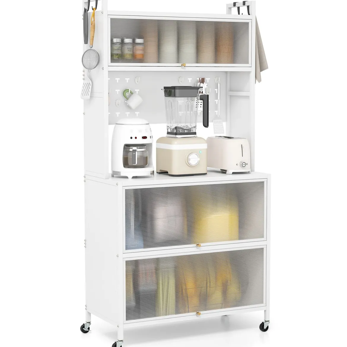 Hoch Küchenschrank mit Rollen & Klapptüren & Stecktafel & Haken Buffetschrank Weiß