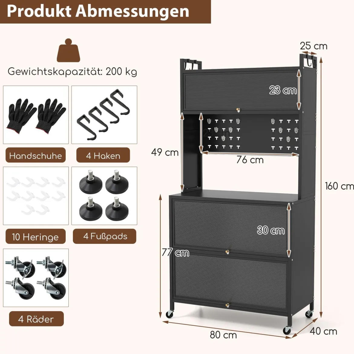 Hoch Küchenschrank mit Rollen & Klapptüren & Stecktafel & Haken Buffetschrank Schwarz