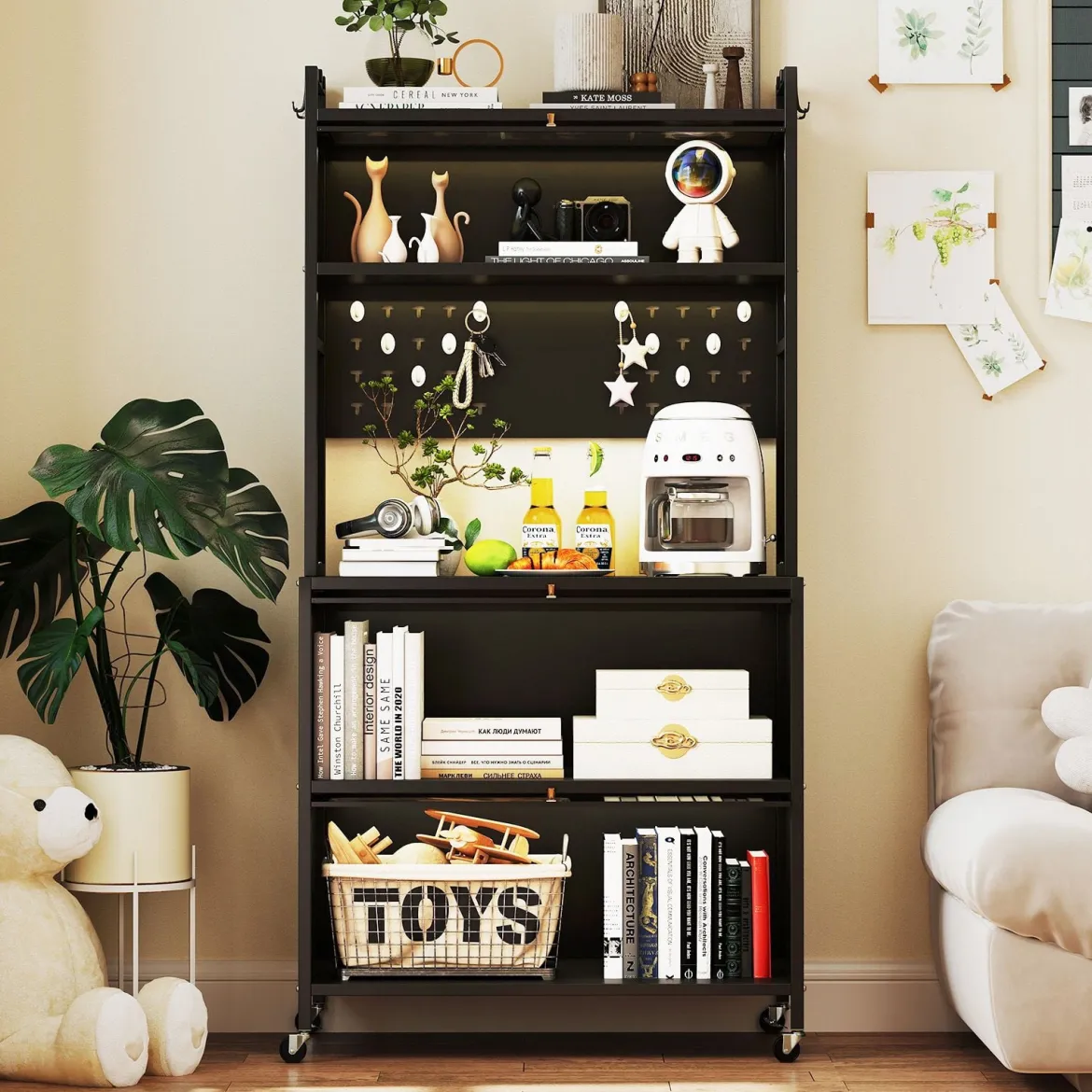 Hoch Küchenschrank mit Rollen & Klapptüren & Stecktafel & Haken Buffetschrank Schwarz