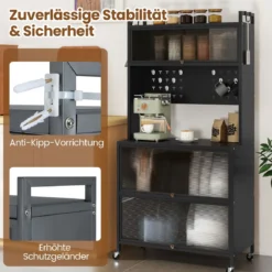 Hoch Küchenschrank mit Rollen & Klapptüren & Stecktafel & Haken Buffetschrank Grau