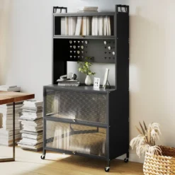 Hoch Küchenschrank mit Rollen & Klapptüren & Stecktafel & Haken Buffetschrank Grau