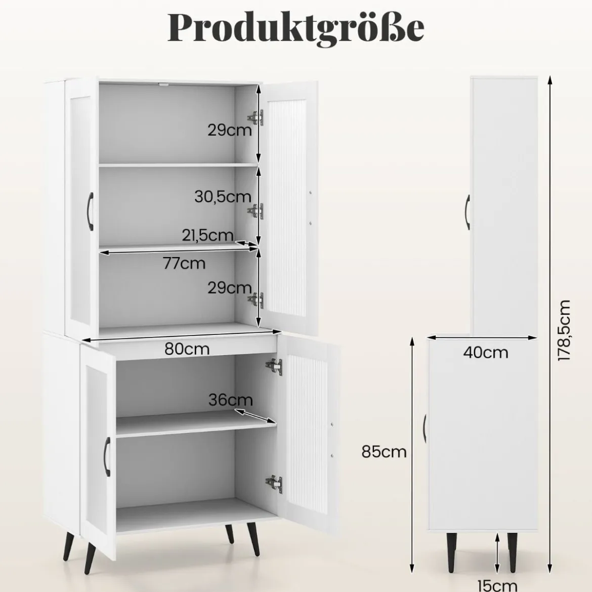Hoch Küchenschrank mit 4 Transparenten Türen & Verstellbares Regal Küchenregal Buffetschrank Weiß