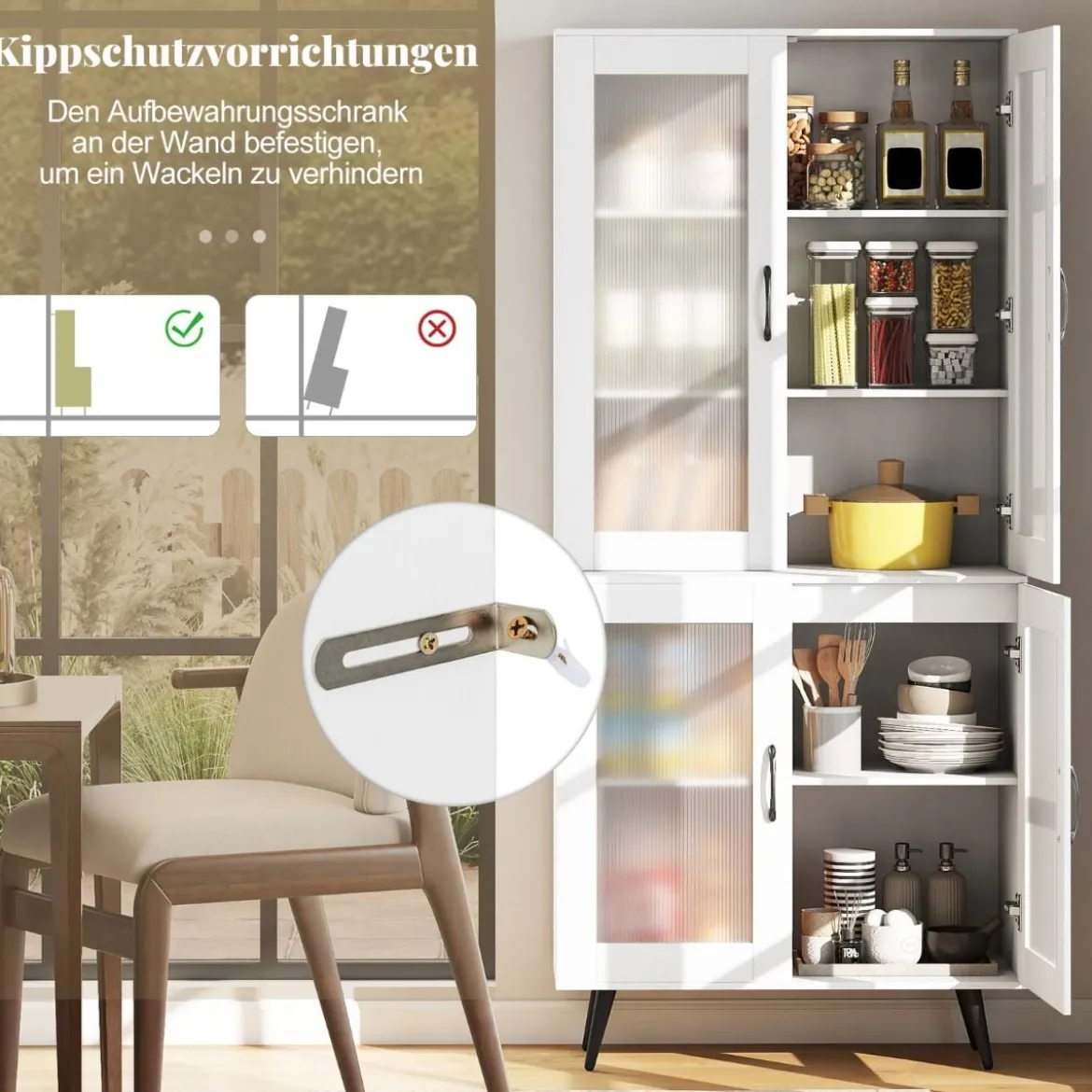 Hoch Küchenschrank mit 4 Transparenten Türen & Verstellbares Regal Küchenregal Buffetschrank Weiß