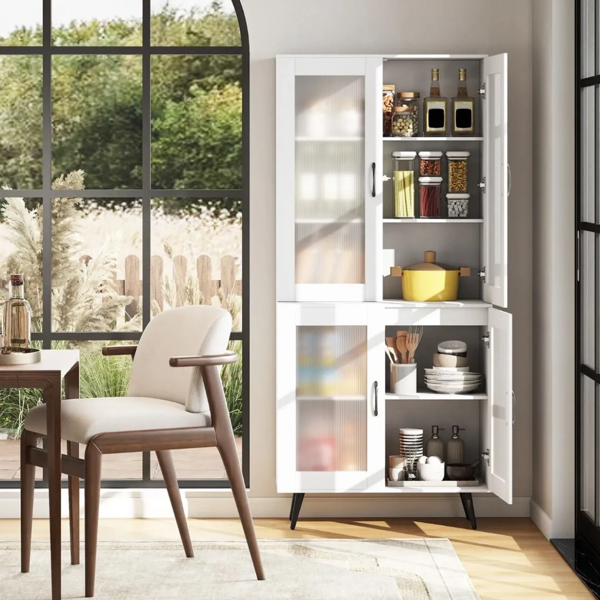 Hoch Küchenschrank mit 4 Transparenten Türen & Verstellbares Regal Küchenregal Buffetschrank Weiß