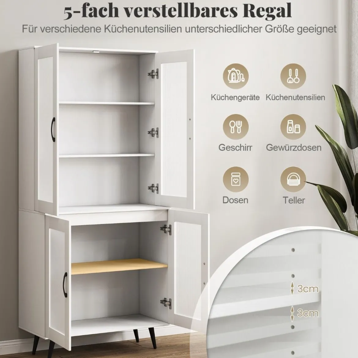 Hoch Küchenschrank mit 4 Transparenten Türen & Verstellbares Regal Küchenregal Buffetschrank Weiß