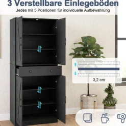 Hoch Küchenschrank mit 4 Türen & Schublade & 3 Verstellbaren Regalen Vorratsschrank Schwarz