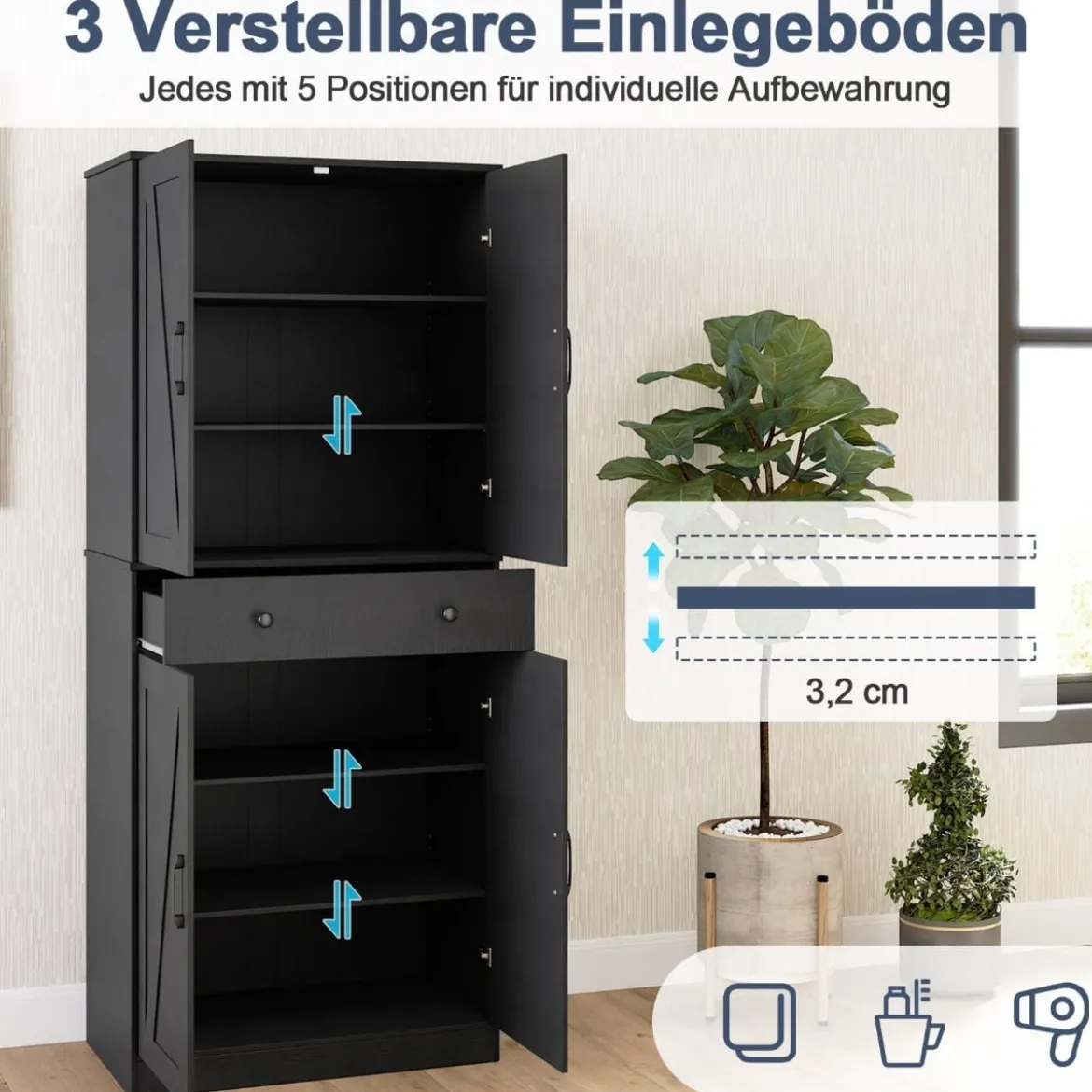 Hoch Küchenschrank mit 4 Türen & Schublade & 3 Verstellbaren Regalen Vorratsschrank Schwarz