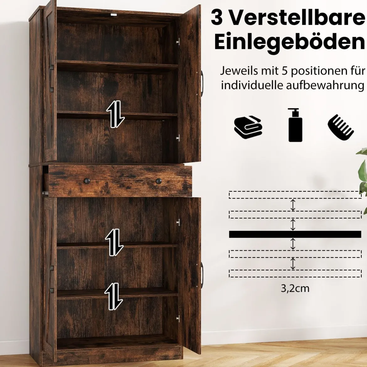 Hoch Küchenschrank mit 4 Türen & Schublade & 3 Verstellbaren Regalen Vorratsschrank Braun