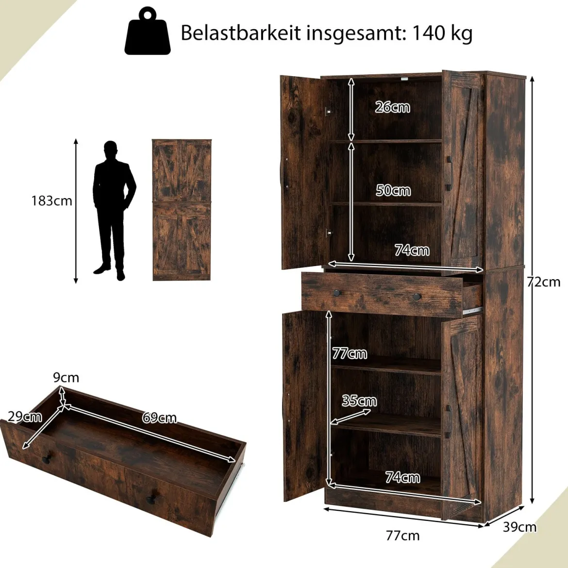 Hoch Küchenschrank mit 4 Türen & Schublade & 3 Verstellbaren Regalen Vorratsschrank Braun