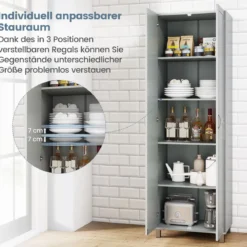 Hoch Küchenschrank mit 2 Türen & Verstellbarem Regal Modern Vorratsschrank Buffetschrank Grau