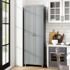 Hoch Küchenschrank mit 2 Türen & Verstellbarem Regal Modern Vorratsschrank Buffetschrank Grau