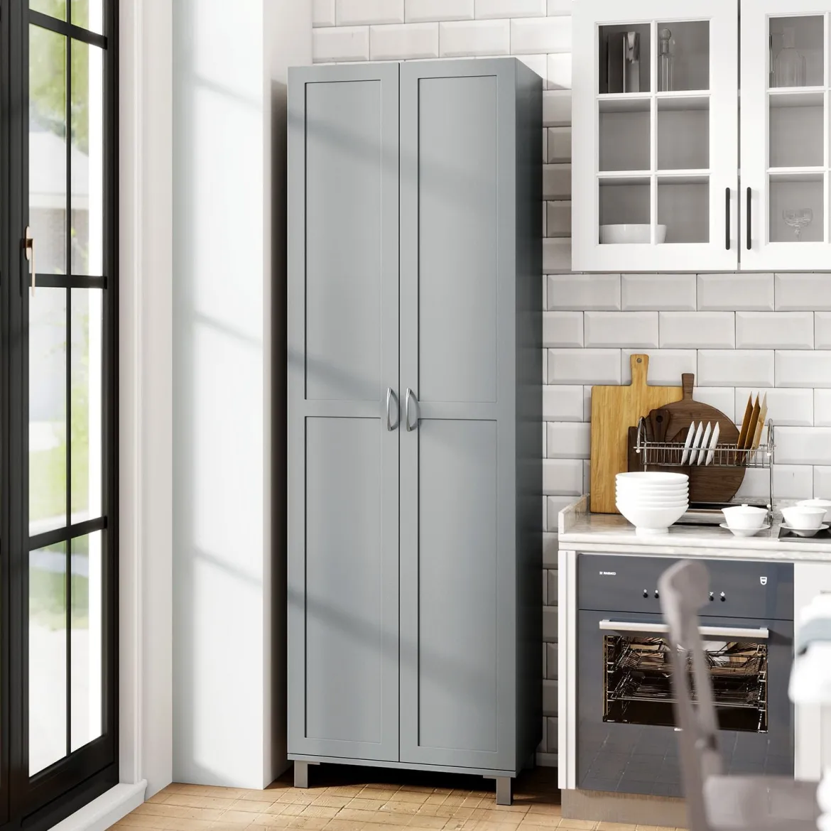 Hoch Küchenschrank mit 2 Türen & Verstellbarem Regal Modern Vorratsschrank Buffetschrank Grau
