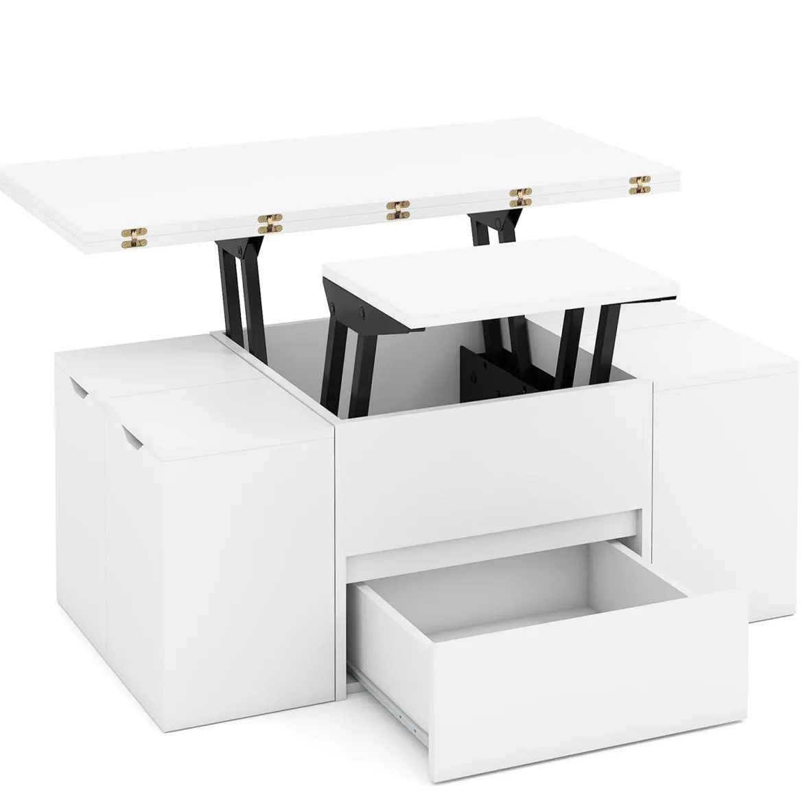 Hochklappbarer Couchtisch mit 4 Aufbewahrungshockern 3-in-1 Wohnzimmertisch Klappbar Weiß