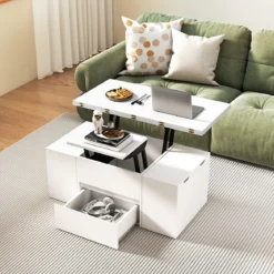 Hochklappbarer Couchtisch mit 4 Aufbewahrungshockern 3-in-1 Wohnzimmertisch Klappbar Weiß