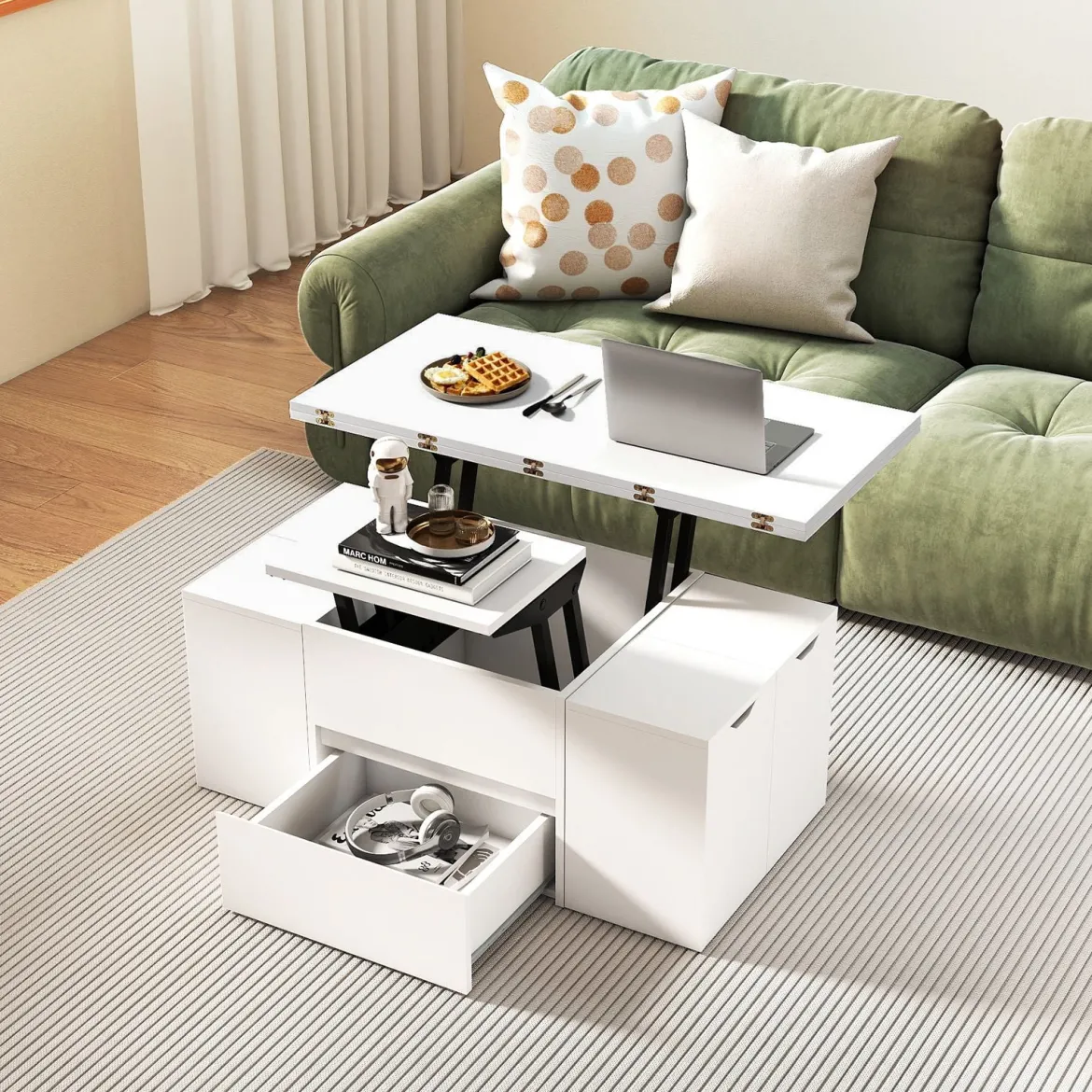Hochklappbarer Couchtisch mit 4 Aufbewahrungshockern 3-in-1 Wohnzimmertisch Klappbar Weiß