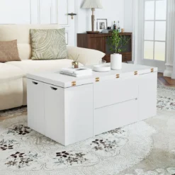 Hochklappbarer Couchtisch mit 4 Aufbewahrungshockern 3-in-1 Wohnzimmertisch Klappbar Weiß