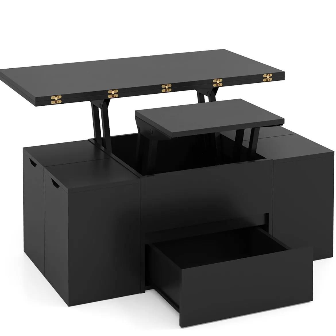 Hochklappbarer Couchtisch mit 4 Aufbewahrungshockern 3-in-1 Wohnzimmertisch Klappbar Schwarz
