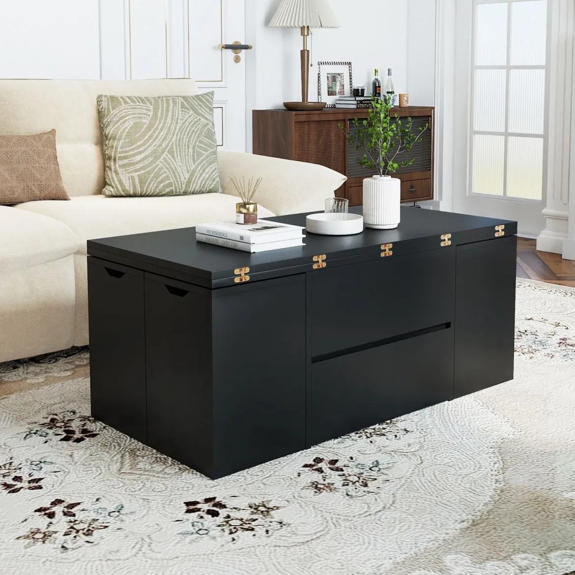 Hochklappbarer Couchtisch mit 4 Aufbewahrungshockern 3-in-1 Wohnzimmertisch Klappbar Schwarz