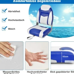Hochlehner Bootssitz mit 10 cm Dicker Schwammpolsterung Klappbarer Bootsstuhl Blau Weiß