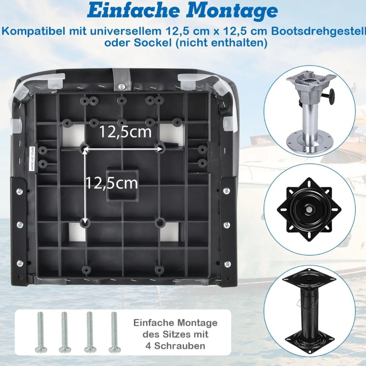 Hochlehner Bootssitz mit 10 cm Dicker Schwammpolsterung Klappbarer Bootsstuhl Schwarz